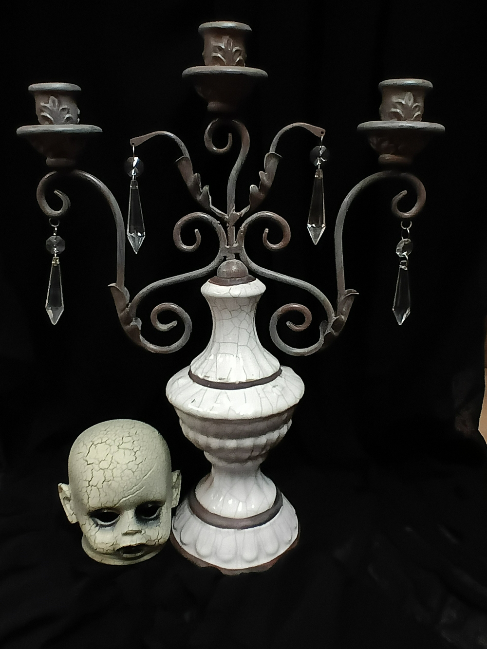 Creepy HalloweenRustic White Crackle Metal Candelabra with Crystal Drops